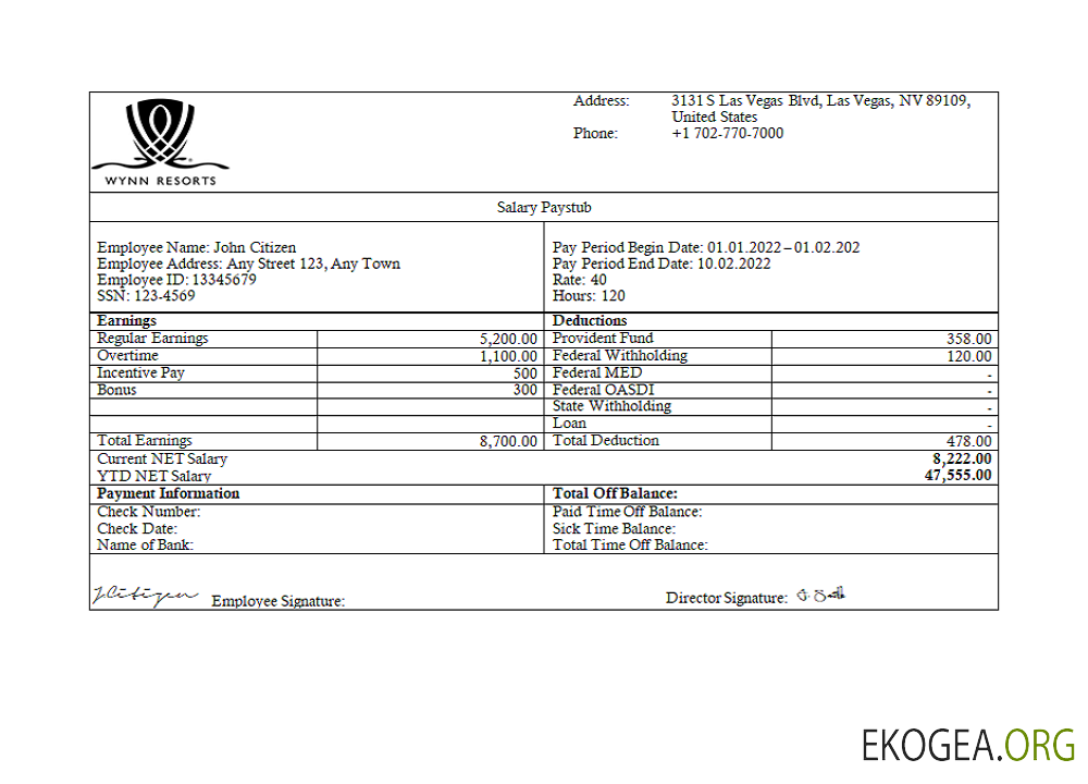 Bulletin de paie de l'entreprise hôtelière Wynn Resorts aux États Unis